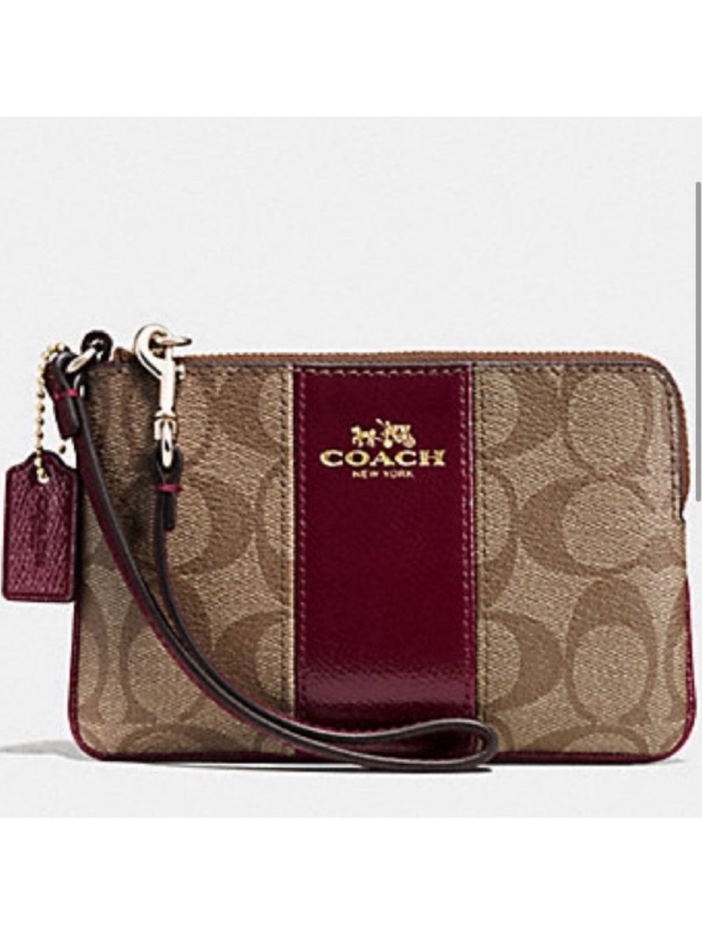 COACH Corner Zip Wristlet in Signature Khaki PVC and Sherry Leather RARE Color